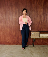 バンドカラー切替デザインシアーシャツ