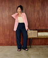 バンドカラー切替デザインシアーシャツ