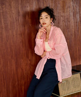 バンドカラー切替デザインシアーシャツ