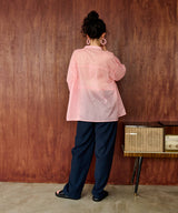 バンドカラー切替デザインシアーシャツ