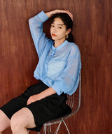 バンドカラー切替デザインシアーシャツ