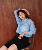 バンドカラー切替デザインシアーシャツ