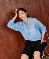 バンドカラー切替デザインシアーシャツ