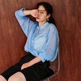 バンドカラー切替デザインシアーシャツ