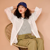 バンドカラー切替デザインシアーシャツ