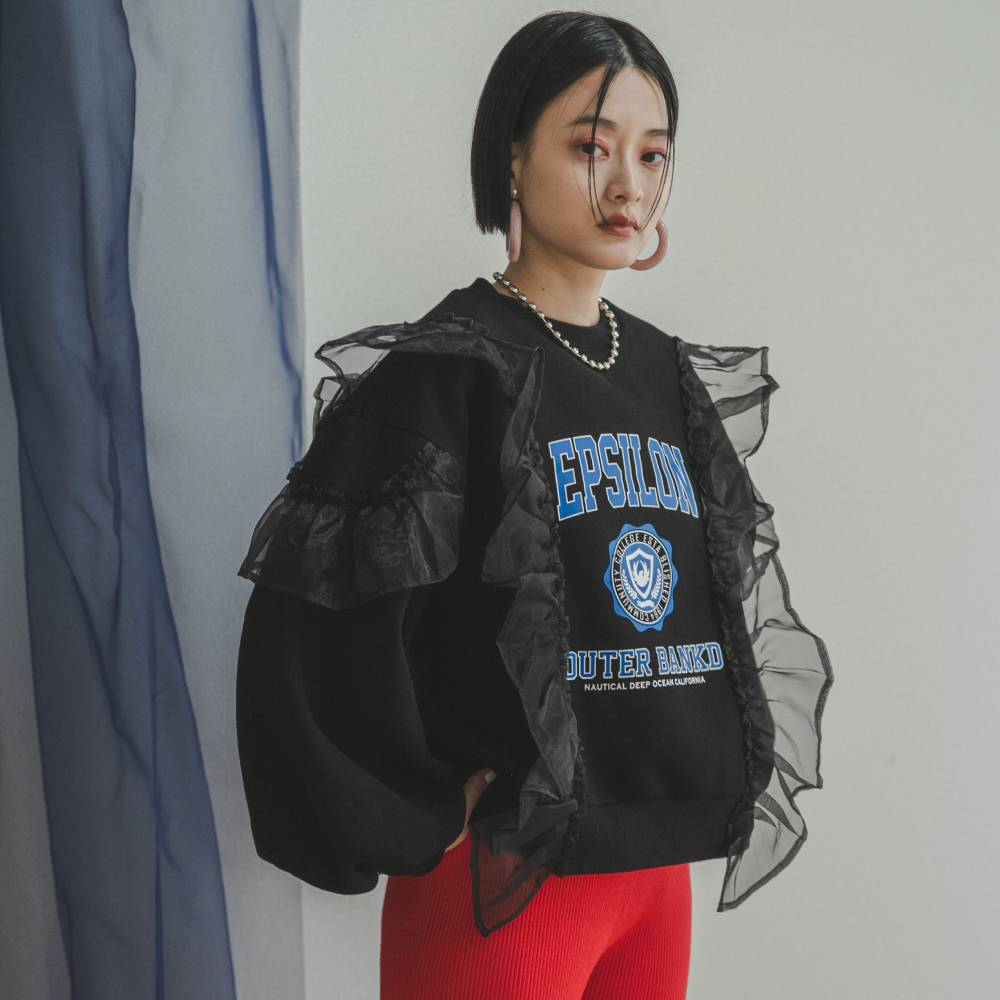 新品 lasud スコットクラブ 裏起毛 黒 トレーナー 異素材 異素材フリル