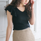 【メール便】ラッフルフリルスリーブリブトップス