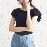 【メール便】ラッフルフリルスリーブリブトップス