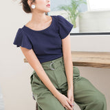 【メール便】ラッフルフリルスリーブリブトップス