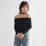 【メール便】折り返しレース使いテレコオフショルトップス