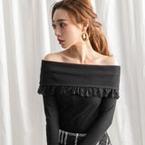 【メール便】折り返しレース使いテレコオフショルトップス