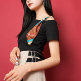 スカーフ付きワンショルリブトップス