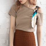 スカーフ付きワンショルリブトップス