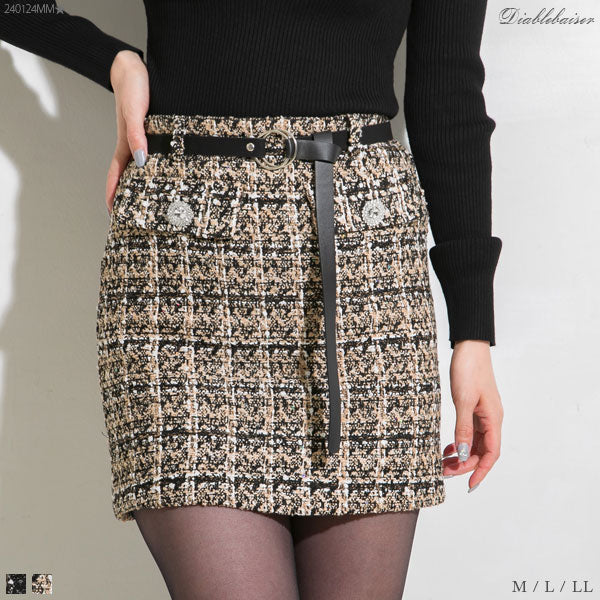 ベルト付きビジューツイードミニスカート – レディースファッション