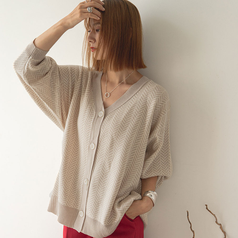 ヘリンボーン柄ジャガードニットカーディガン – レディース