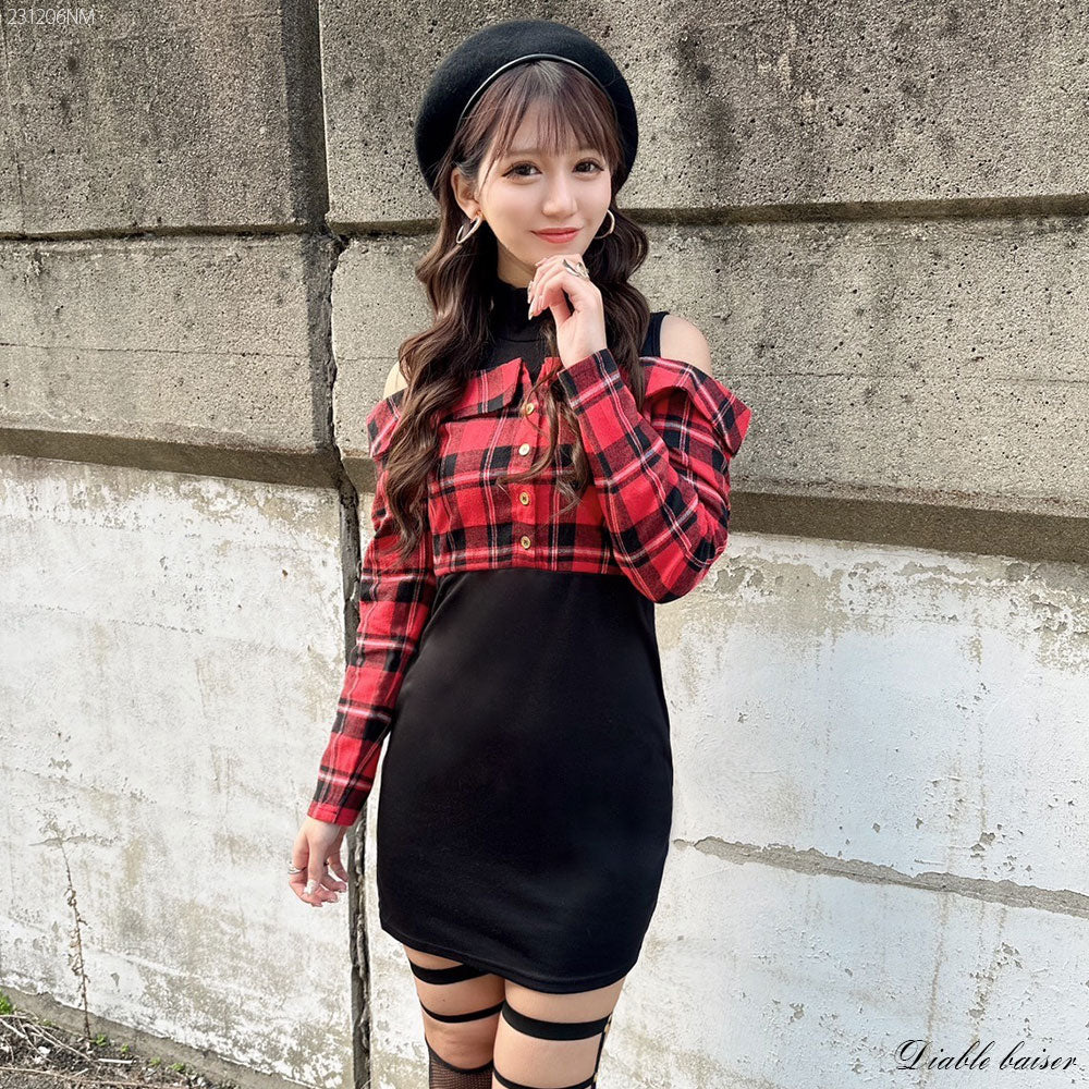 チェックオフショルタイトワンピース – レディースファッション通販の