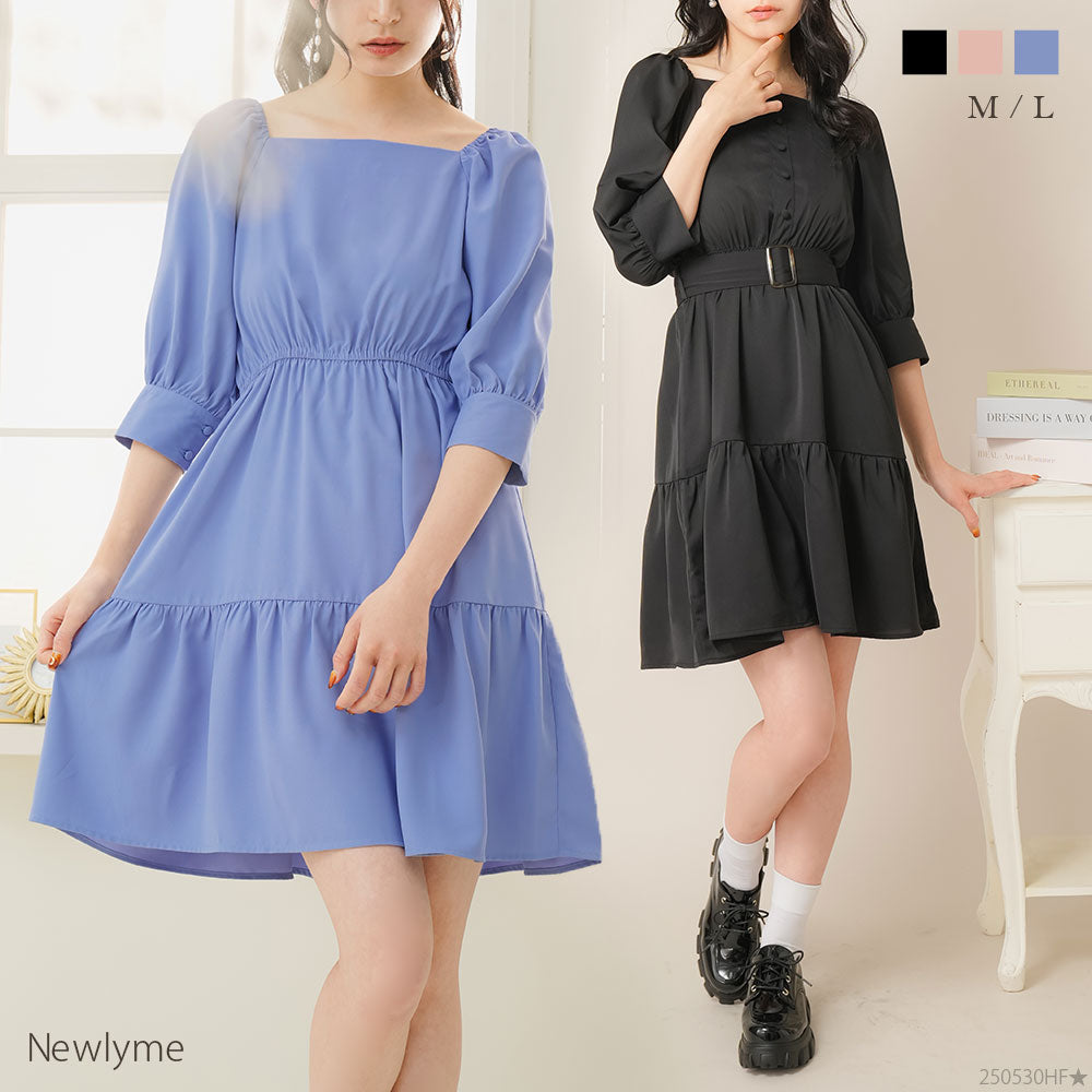 ボリューム袖 ロングワンピース S〜XL ウエストシェイプ BBWM WOMAN ボリューム袖 ロングワンピース オケージョン シアー