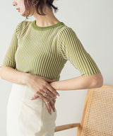 バイカラーリブニットトップス