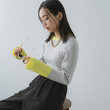 フレア袖配色プルオーバーリブニット