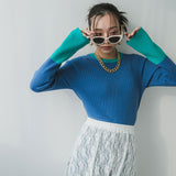 フレア袖配色プルオーバーリブニット