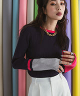 フレア袖配色プルオーバーリブニット