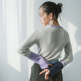 フレア袖配色プルオーバーリブニット