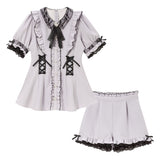 レース重ねウエストレースアップフリルセットアップ