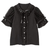 角襟レースフリルリボンガーリーブラウス