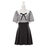 丸襟フリルリボン半袖ワンピース