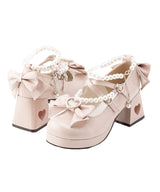 パールアンクレットリボンハートくり抜きヒールロリータパンプス【大きいサイズ有】