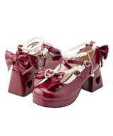 パールアンクレットリボンハートくり抜きヒールロリータパンプス【大きいサイズ有】