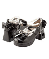 パールアンクレットリボンハートくり抜きヒールロリータパンプス【大きいサイズ有】