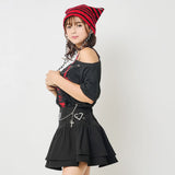 十字架パーツチェーン付オフショルカットソーチュニックトップス