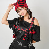 十字架パーツチェーン付オフショルカットソーチュニックトップス