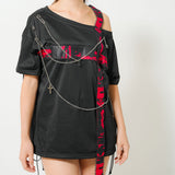 十字架パーツチェーン付オフショルカットソーチュニックトップス