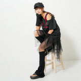 十字架パーツチェーン付オフショルカットソーチュニックトップス