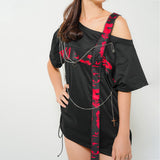 十字架パーツチェーン付オフショルカットソーチュニックトップス