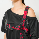 十字架パーツチェーン付オフショルカットソーチュニックトップス