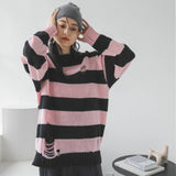 太ボーダーダメージニット