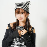 ポンポン付ねこ耳ボーダー編ニット帽