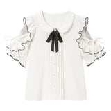 パール襟丸襟ショルダーレースフリルガーリーブラウス