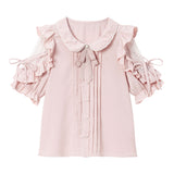 パール襟丸襟ショルダーレースフリルガーリーブラウス