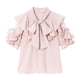 ショルダーレースモテフリルボウタイブラウス