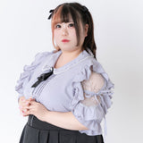 パール襟丸襟ショルダーレースフリルガーリーブラウス