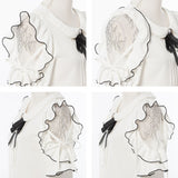 パール襟丸襟ショルダーレースフリルガーリーブラウス