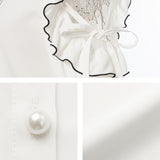 パール襟丸襟ショルダーレースフリルガーリーブラウス