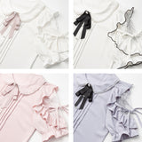 パール襟丸襟ショルダーレースフリルガーリーブラウス