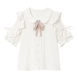 パール襟丸襟ショルダーレースフリルガーリーブラウス