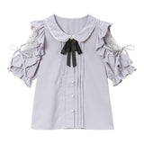 パール襟丸襟ショルダーレースフリルガーリーブラウス