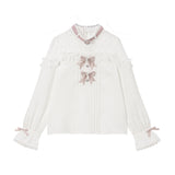 ハートビジューリボンオフショル風レースブラウス